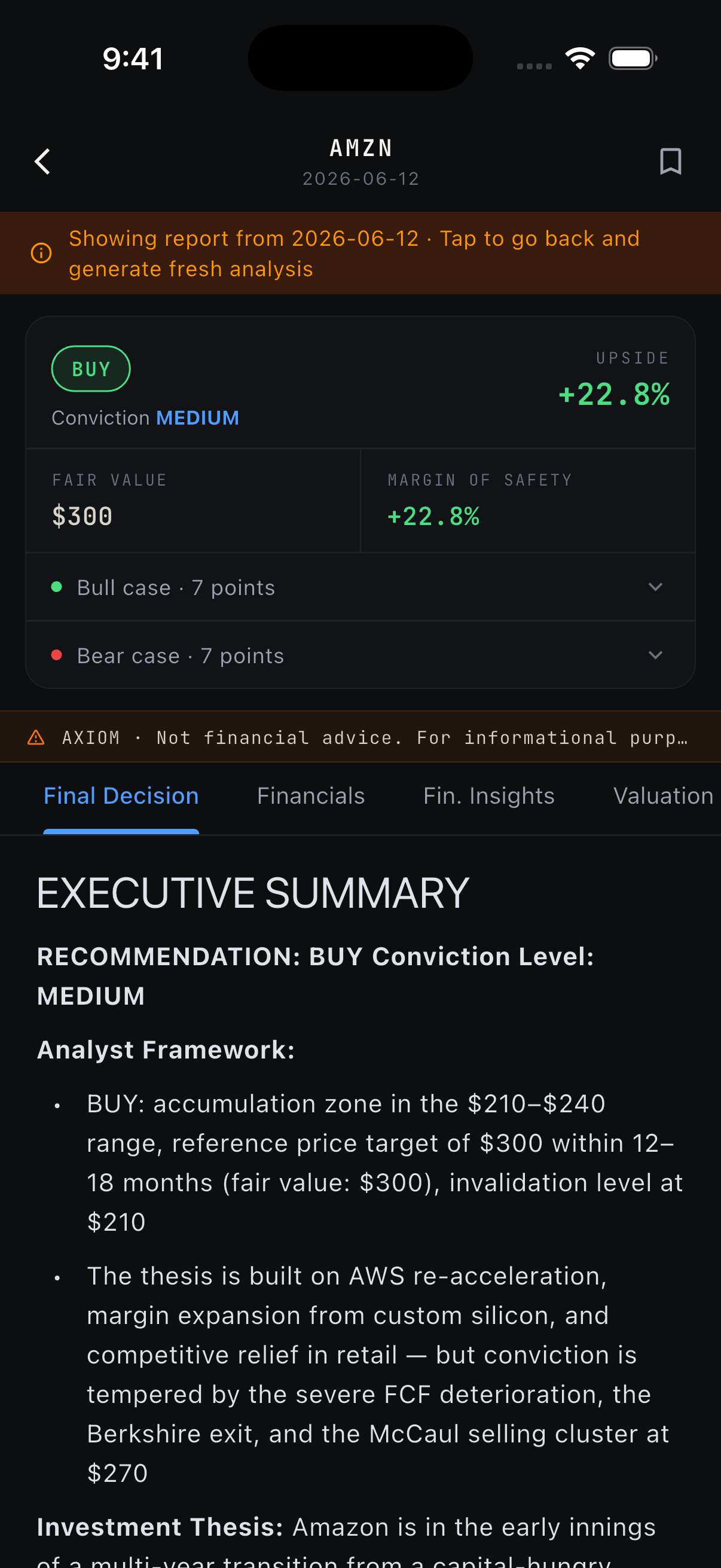 Thesis app — verdict screen showing AMZN BUY with conviction score and fair value