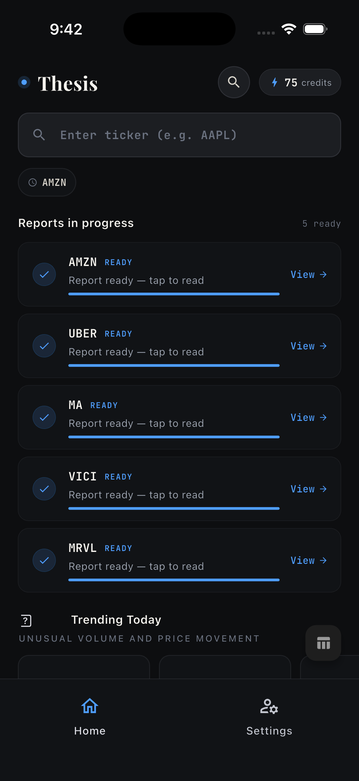 Reports in progress — multiple tickers queued and ready