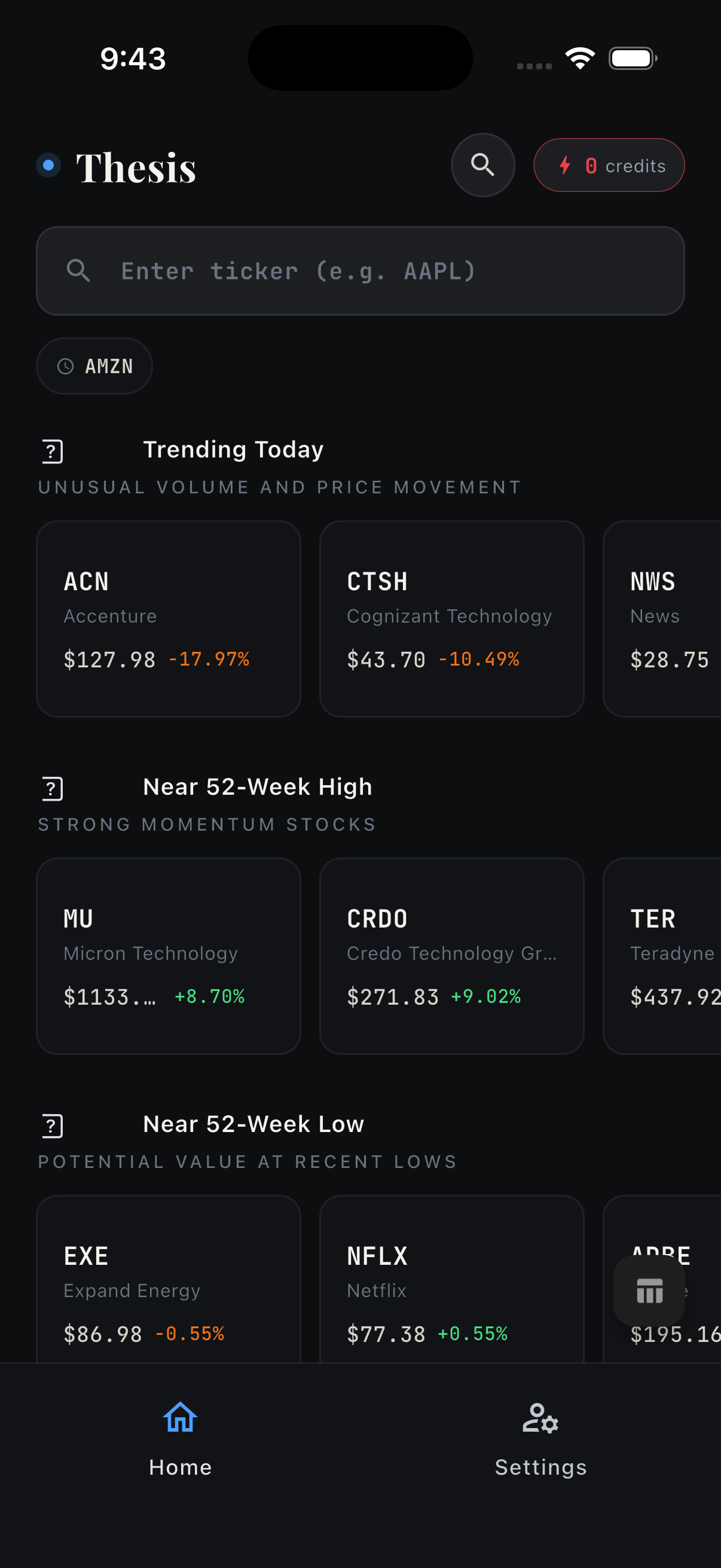 Home screen — trending stocks, 52-week highs and lows