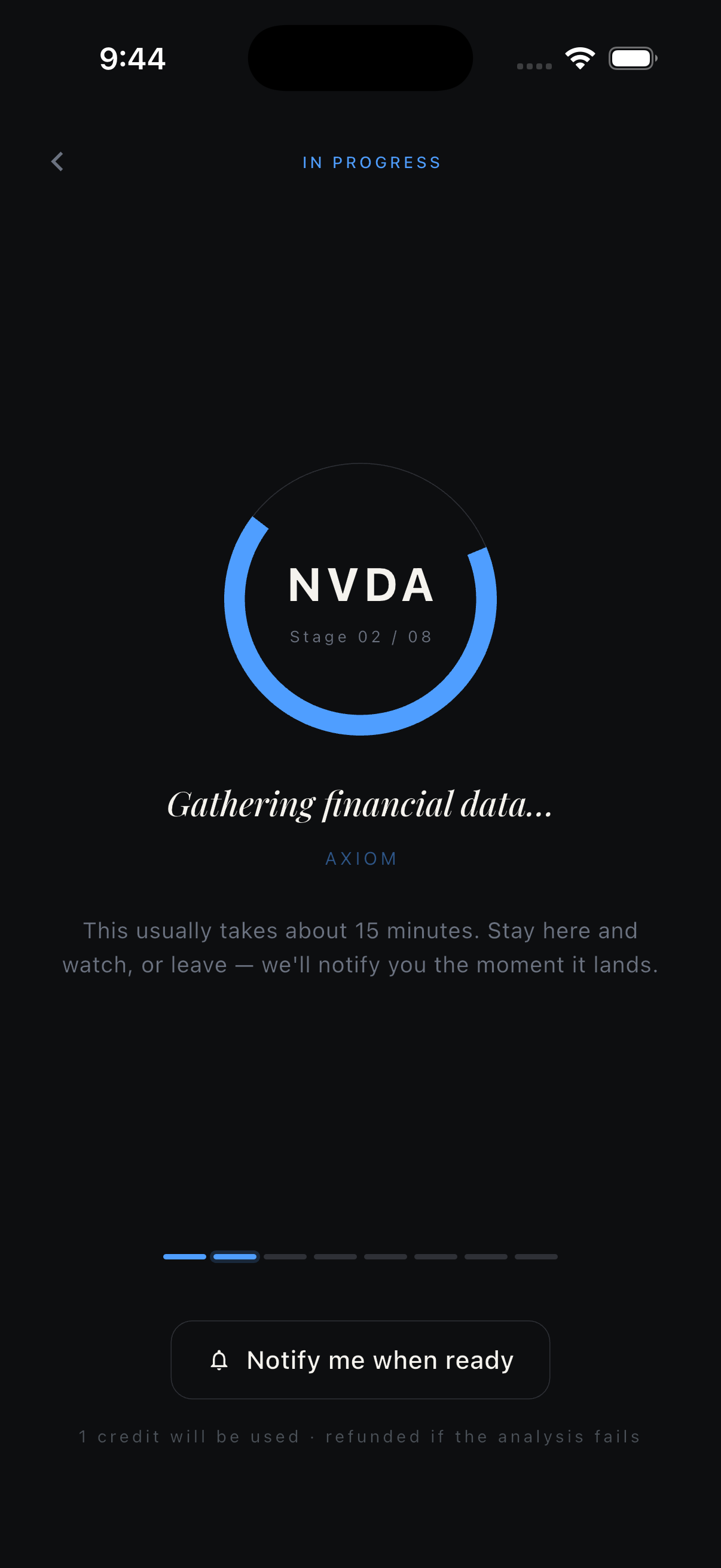 Pipeline screen — 8-stage analysis running for NVDA